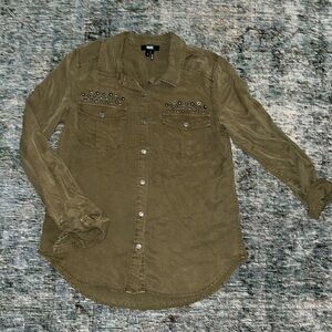 PAIGE Military Army Green Button Down Collared Shirt with Silver hardware